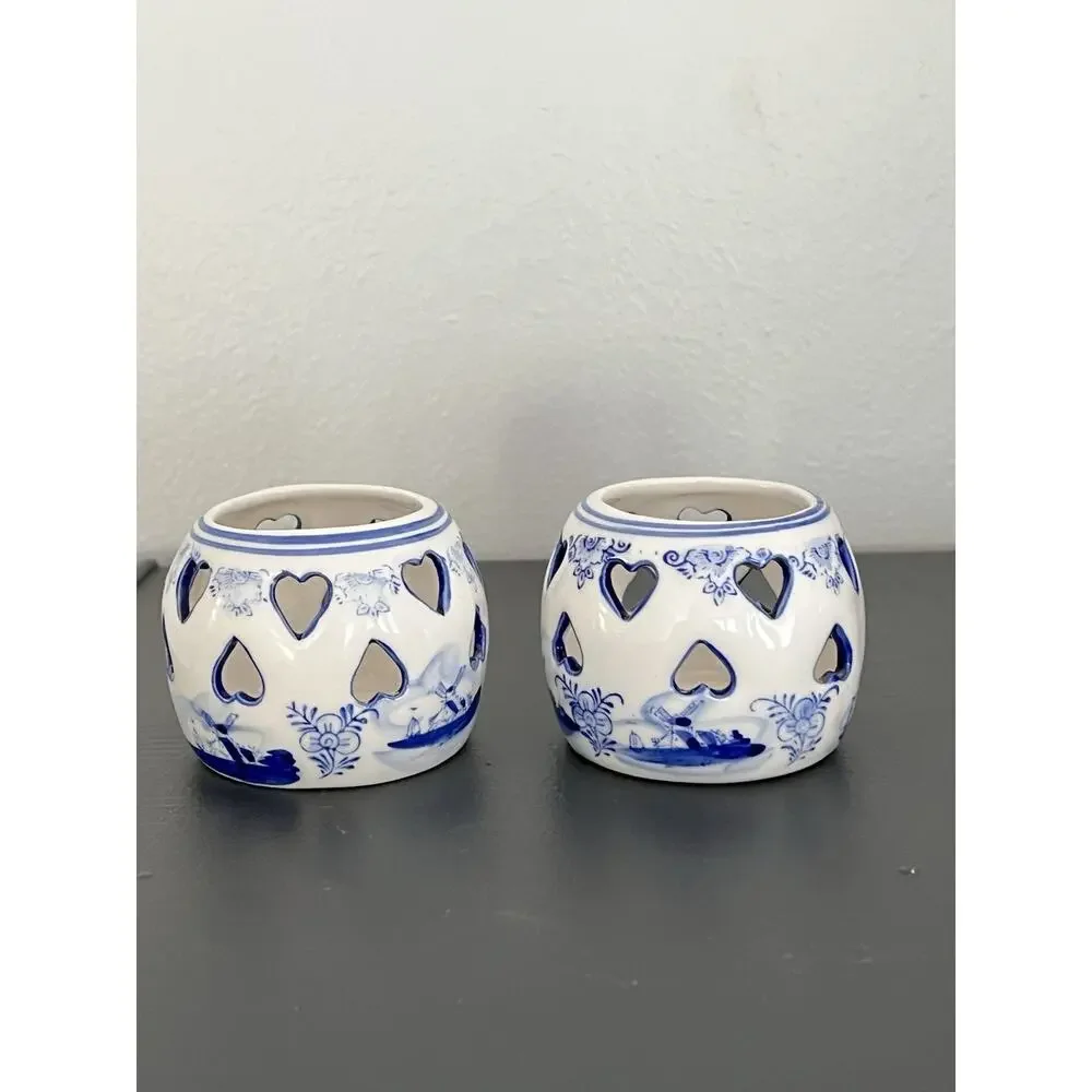 2 Delft Blue Tea Light Holder Candle Ceramic Vintage Hearts Hand painted Holland